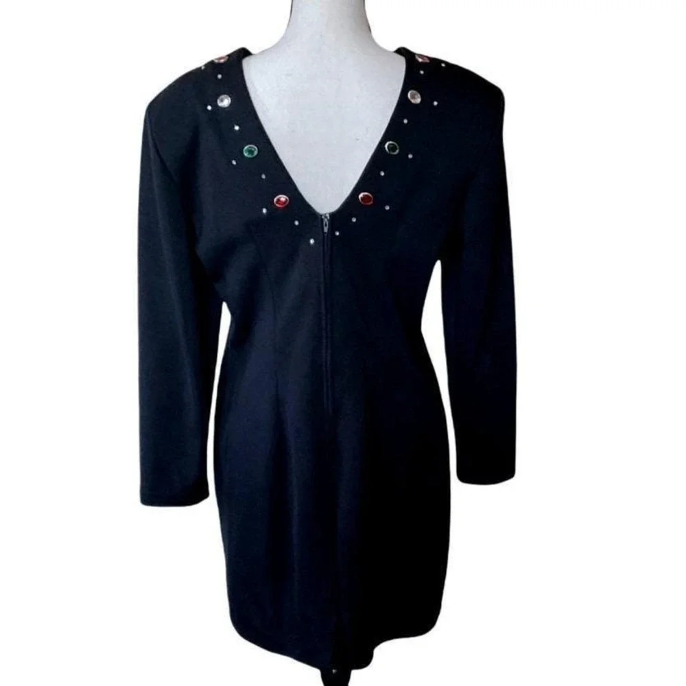 Vintage Black Long Sleeve Embellished‎ Neckline Dress Women Large Zipper Front - Picture 6 of 13